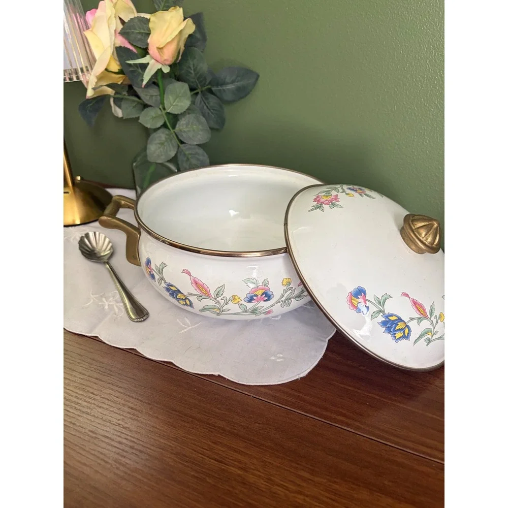 Vintage Floral Enamelware Dutch Oven White Pot with Lid Brass Handles